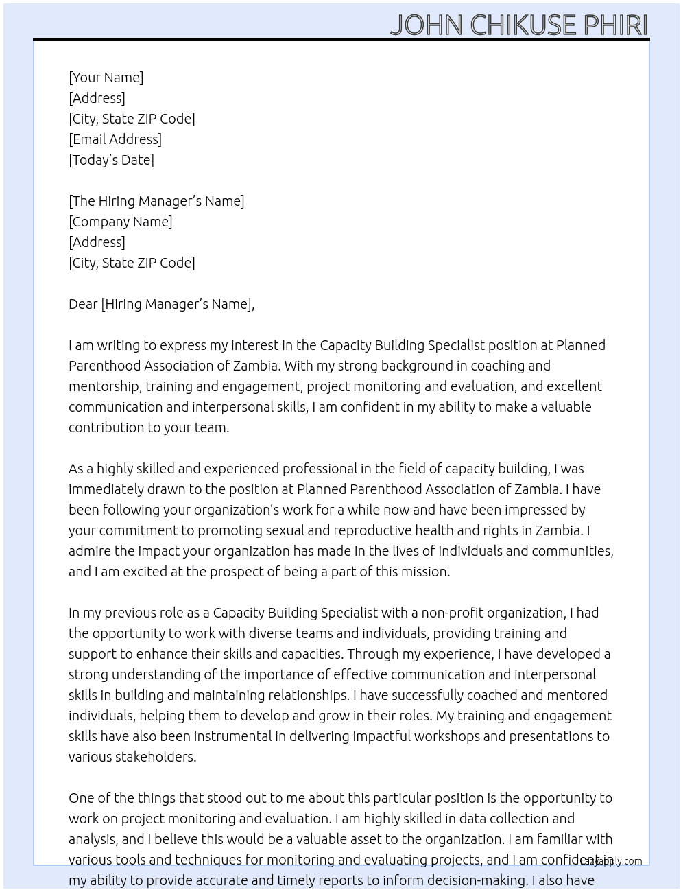 Capacity Building Specialist At Planned Parenthood Association of Zambia Cover Letter