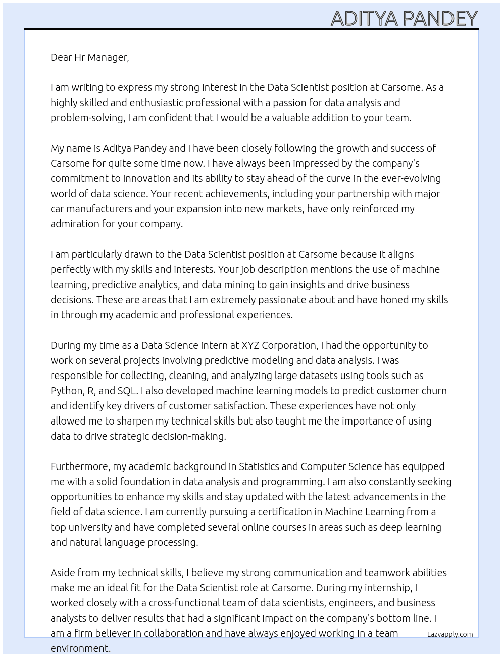 Data Scientist At Carsome Cover Letter