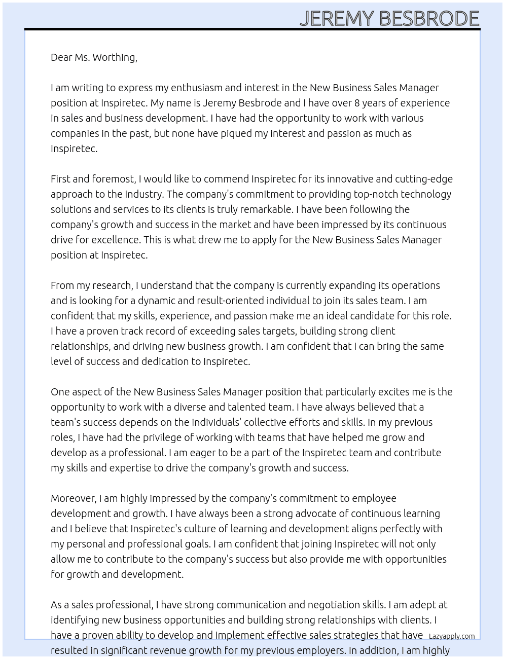 New Business Sales Manager At Inspiretec Cover Letter