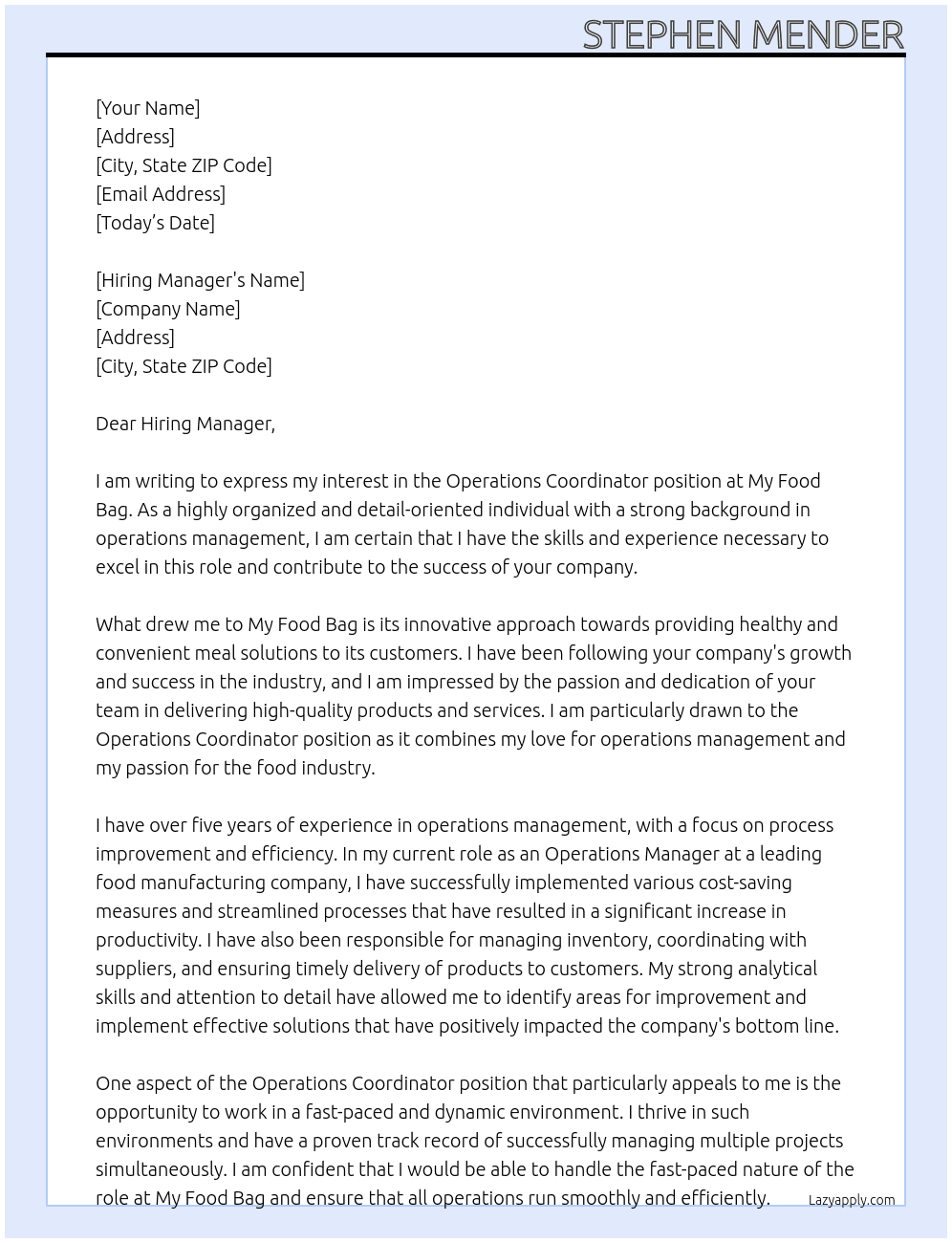 Operations Coordinator At My Food Bag Cover Letter