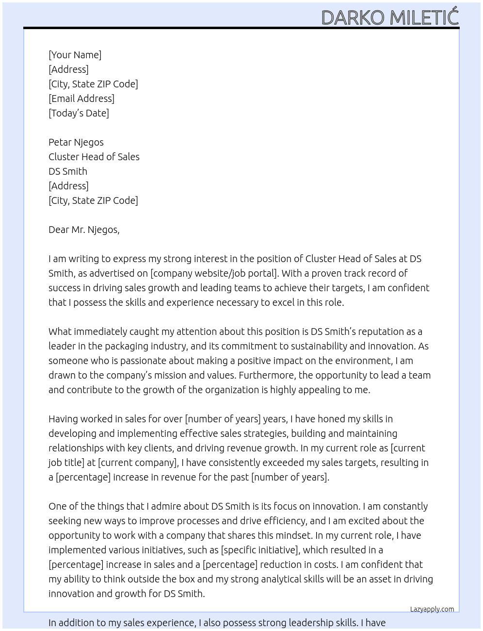 Cluster Head of Sales At DS Smith Cover Letter