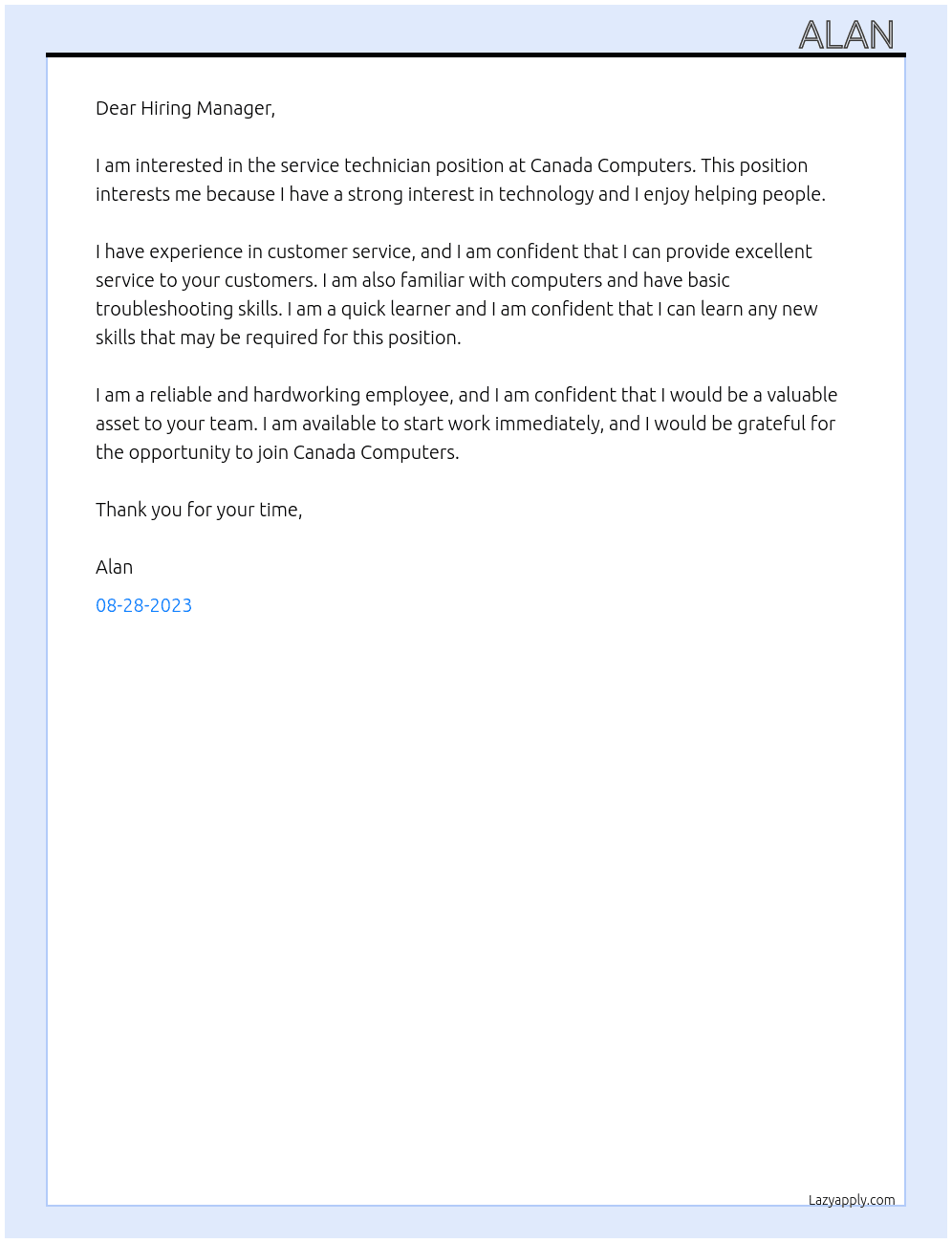 Service Technician At Canada Cimputers Cover Letter