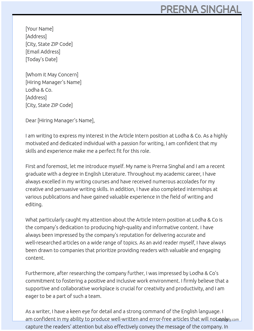Article Intern At Lodha & co.  Cover Letter