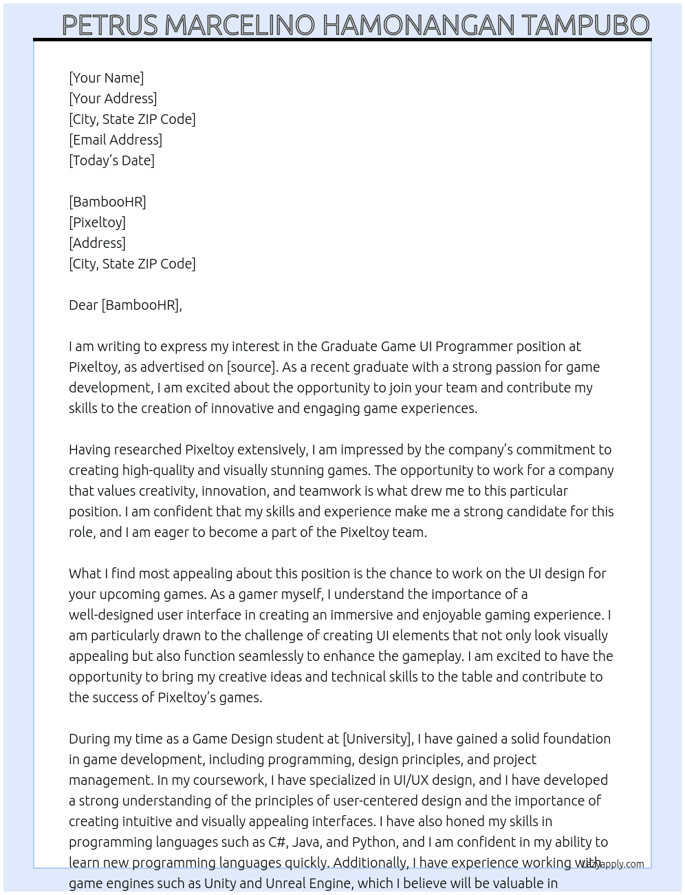 Graduate Game UI Programmer At Pixeltoy Cover Letter