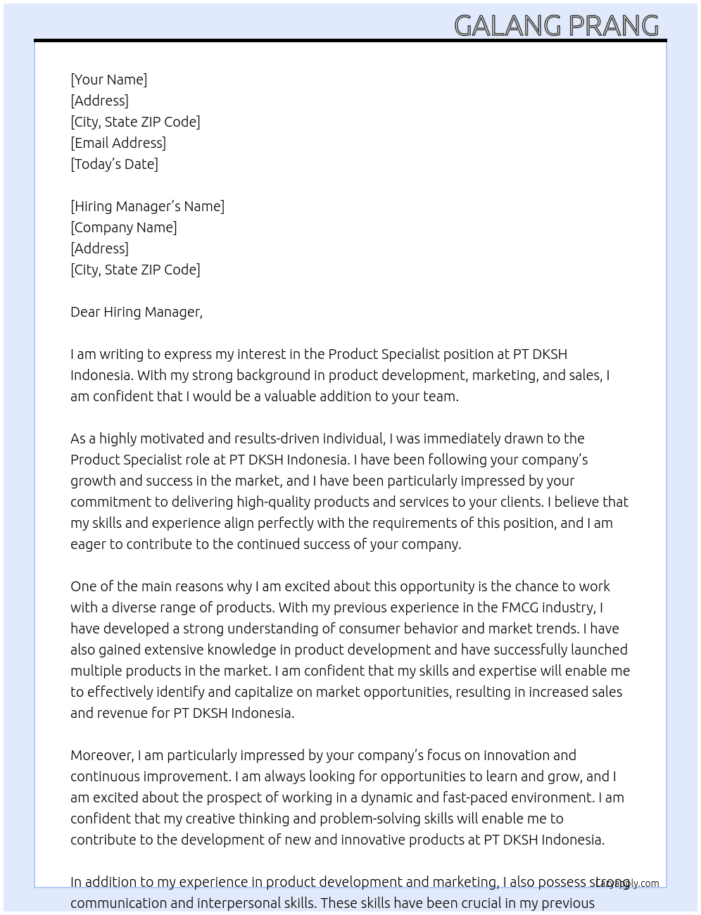 Product Specialist At PT DKSH Indonesia Cover Letter