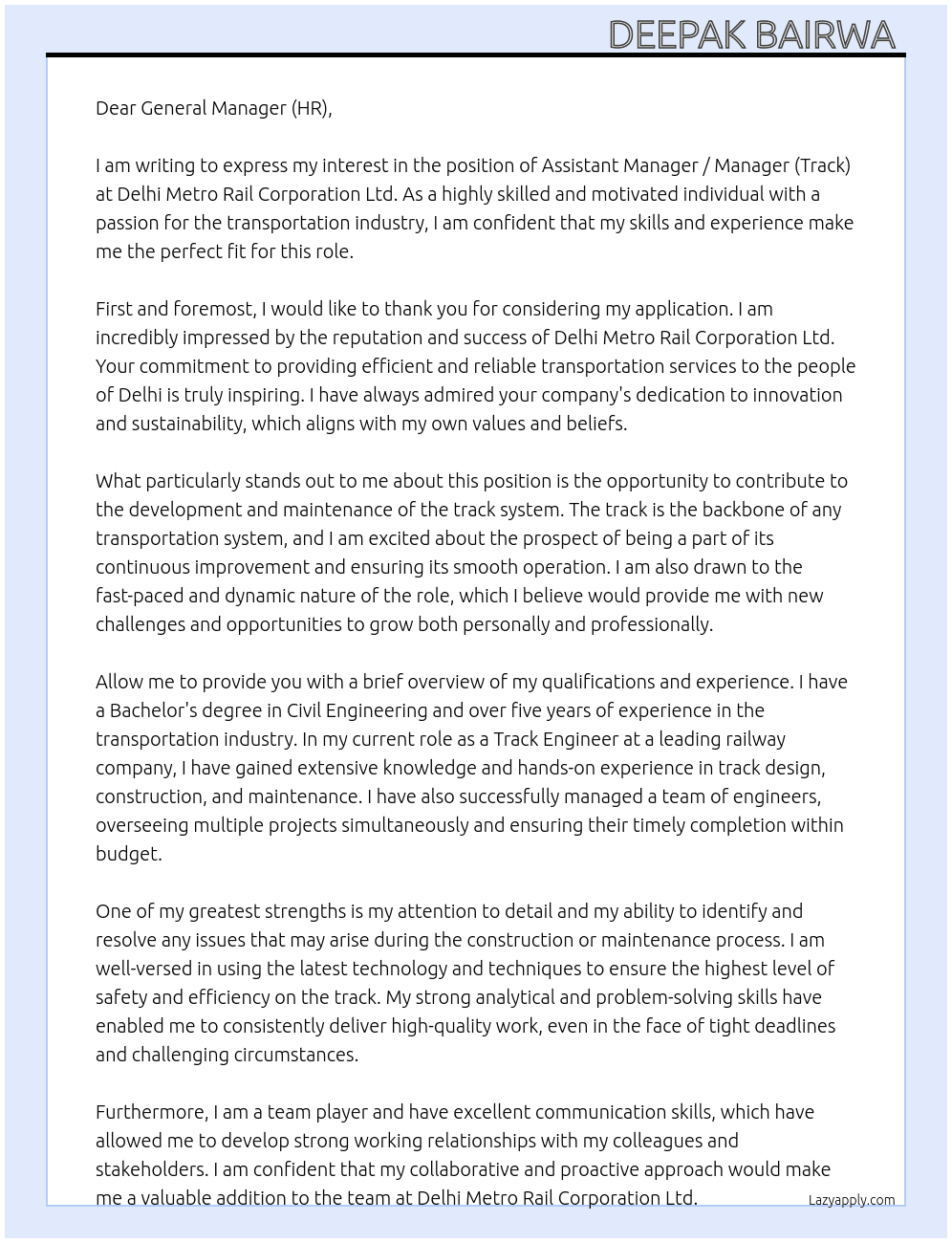 ASSISTANT MANAGER / MANAGER(TRACK) At DELHI METRO RAIL CORPORATION LTD.  Cover Letter