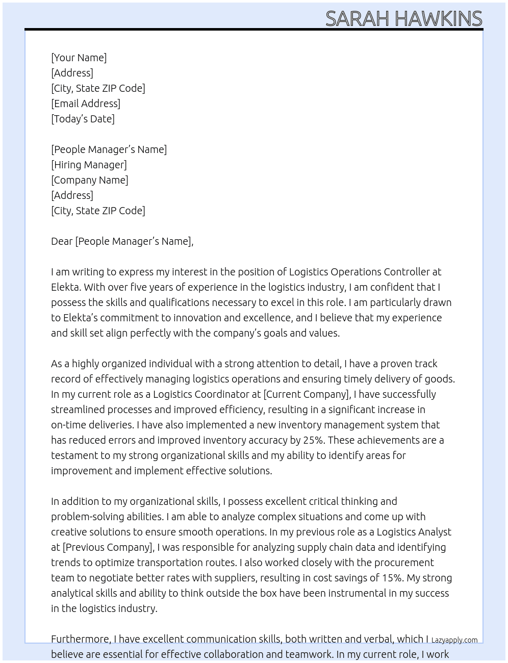 Logistics Operarions Controller  At Elekta Cover Letter