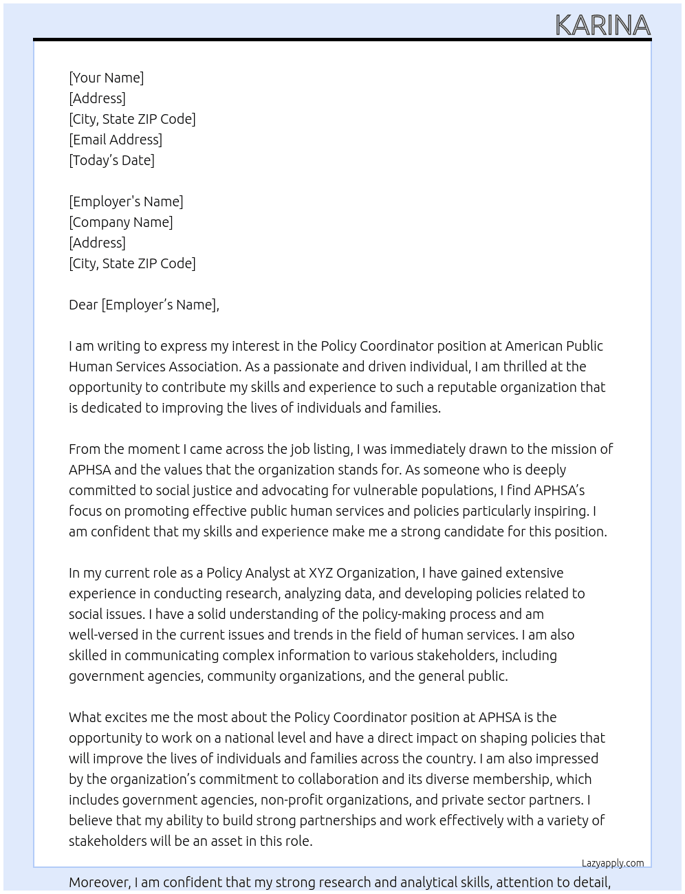 Policy Coordinator At American Public Human Services Association Cover Letter