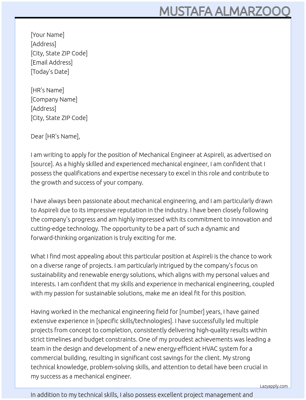 Mechanical engineer At Aspireli Cover Letter