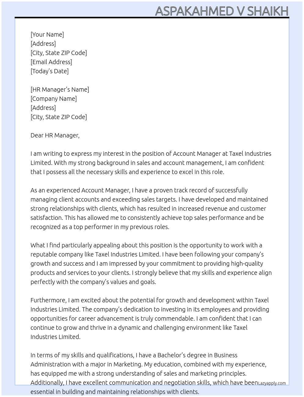 ACCOUNT MANAGER At TAXEL INDUSTRIES LIMITED Cover Letter