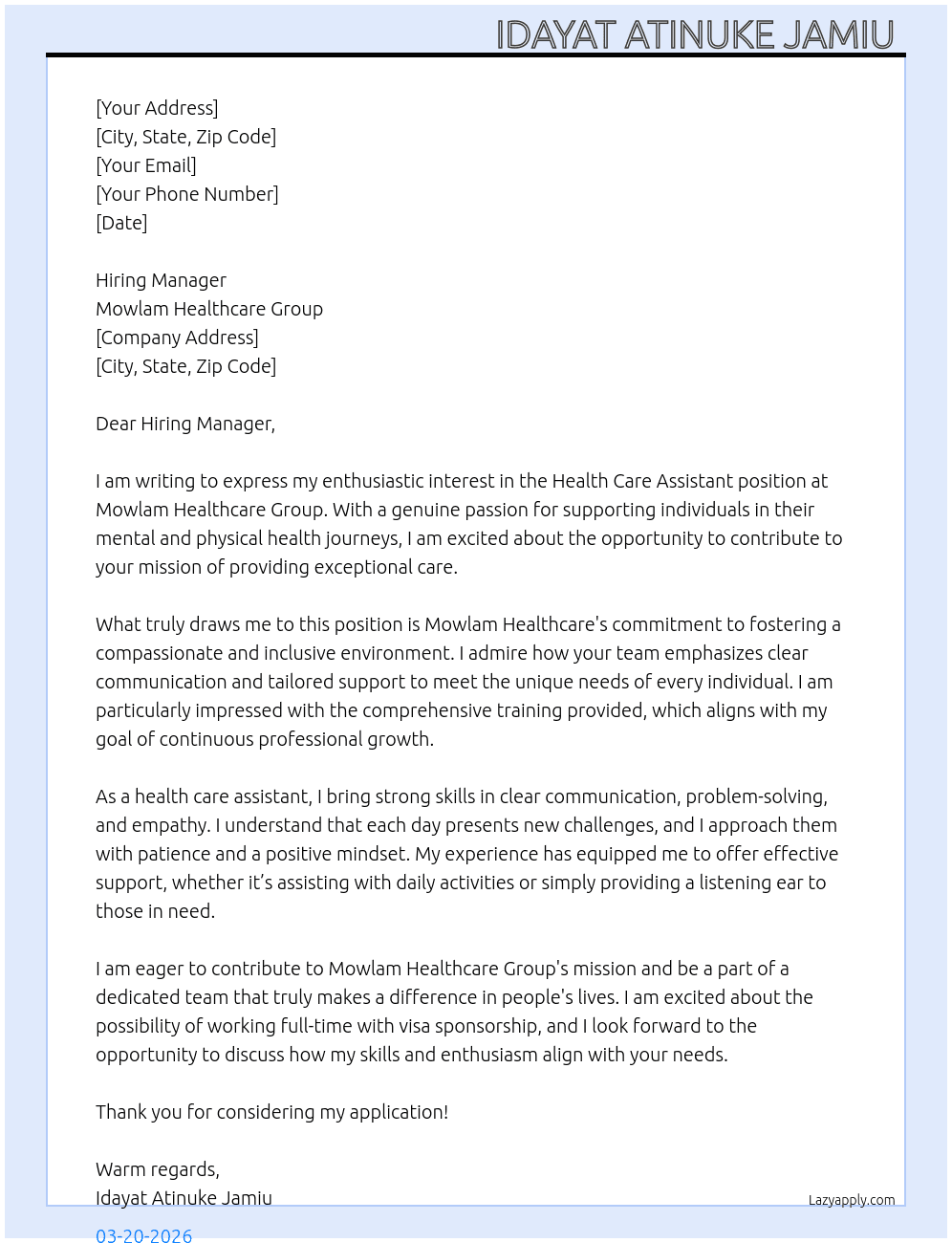 Health care assistant  At Mowlam healthcare group  Cover Letter