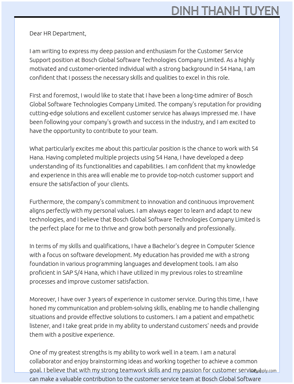 Customer Service support - S4 Hana At Bosch Global Software Technologies Company Limited Cover Letter