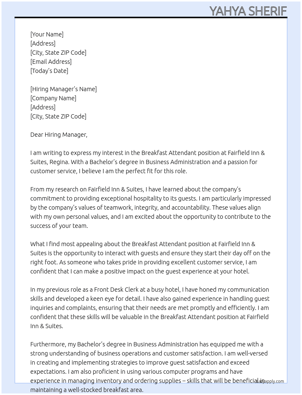 Breakfast Attendant At Fairfield Inn & Suites, Regina Cover Letter