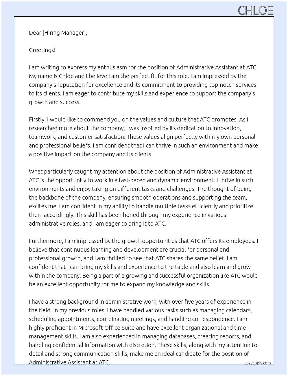 administrative assisstant At ATC  Cover Letter