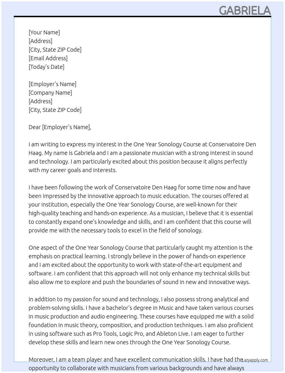 One year Sonology Course At Conservatoire Den Haag Cover Letter