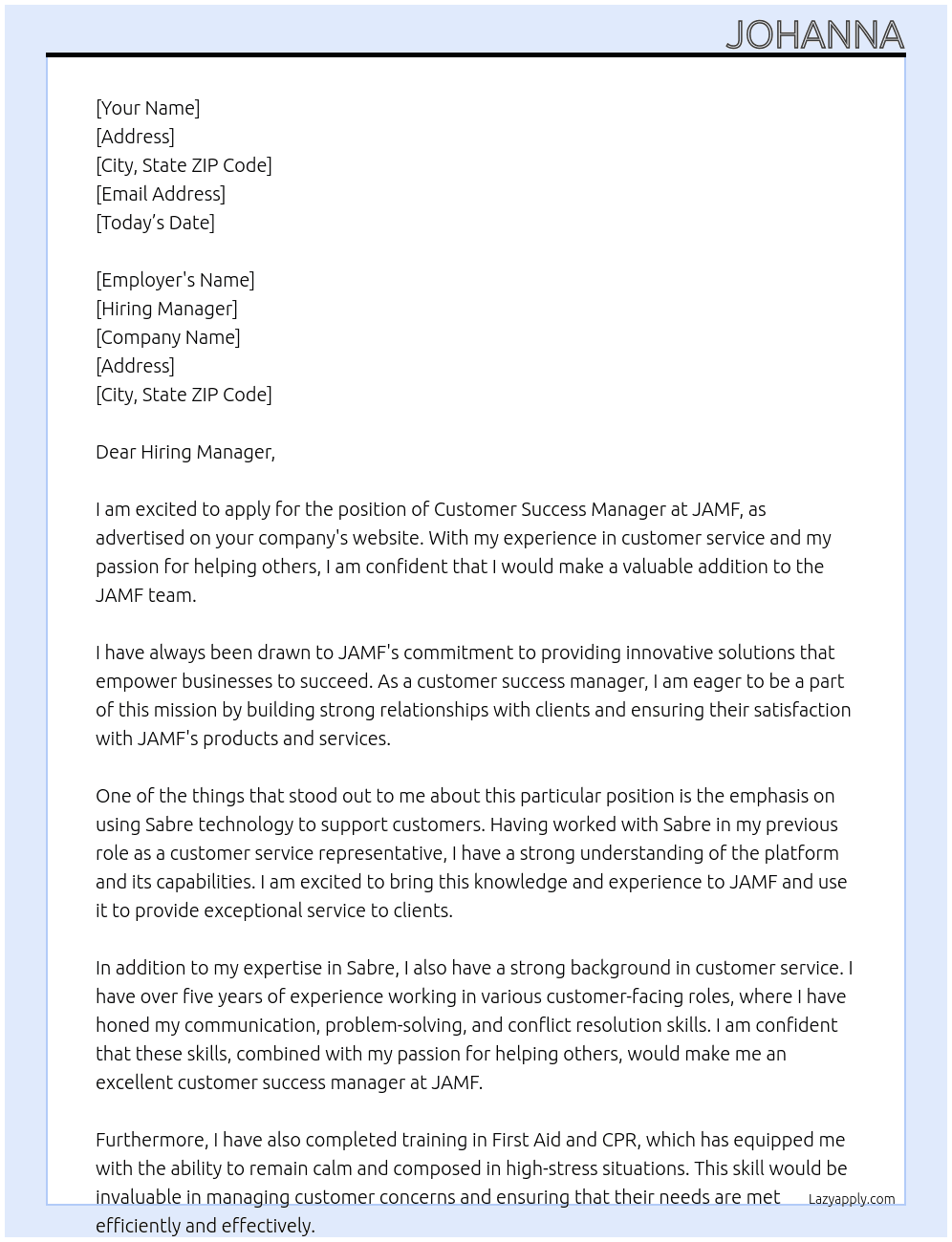 Customer Success Manager At JAMF Cover Letter
