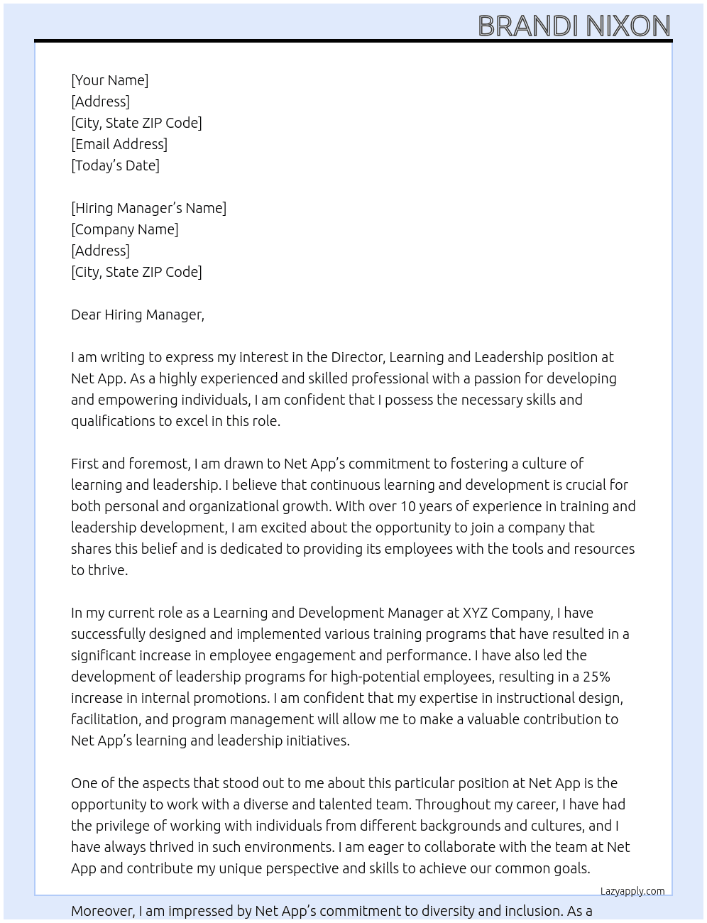 Director, Learning and Leadership  At Net App Cover Letter