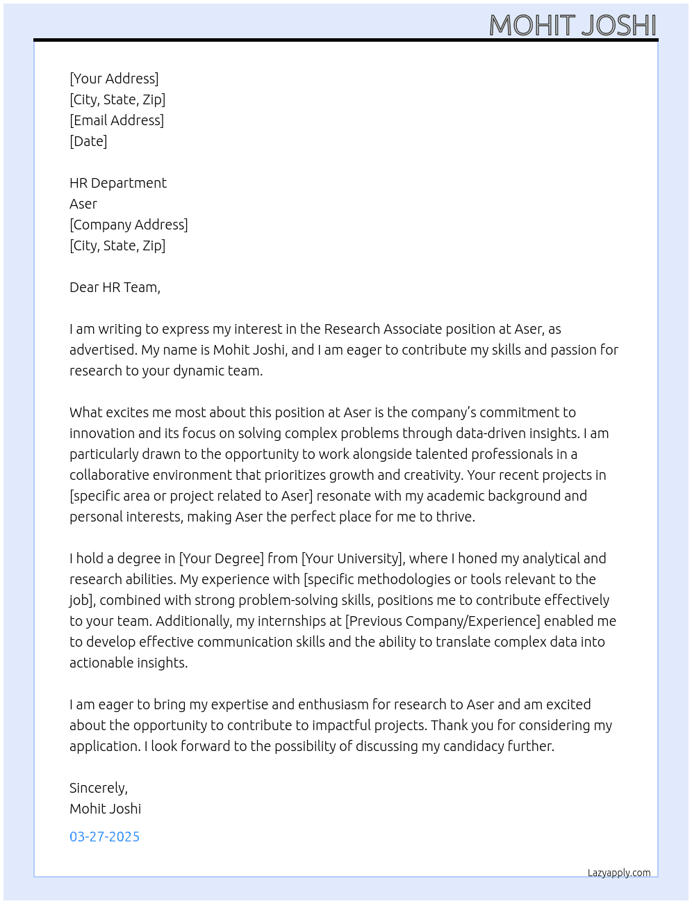 Research associate At aser Cover Letter