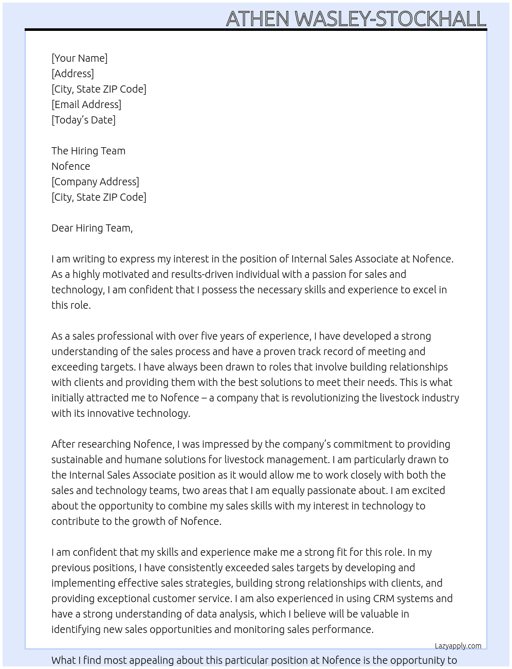Internal Sales Associate At Nofence Cover Letter