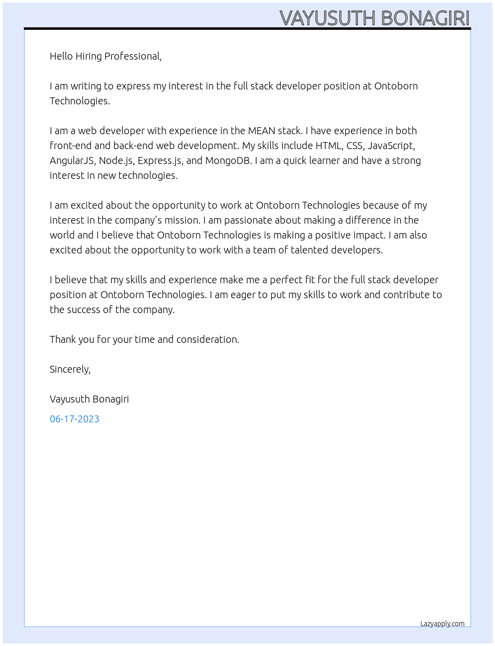 mern stack developper At Ontoborn Technologies Cover Letter