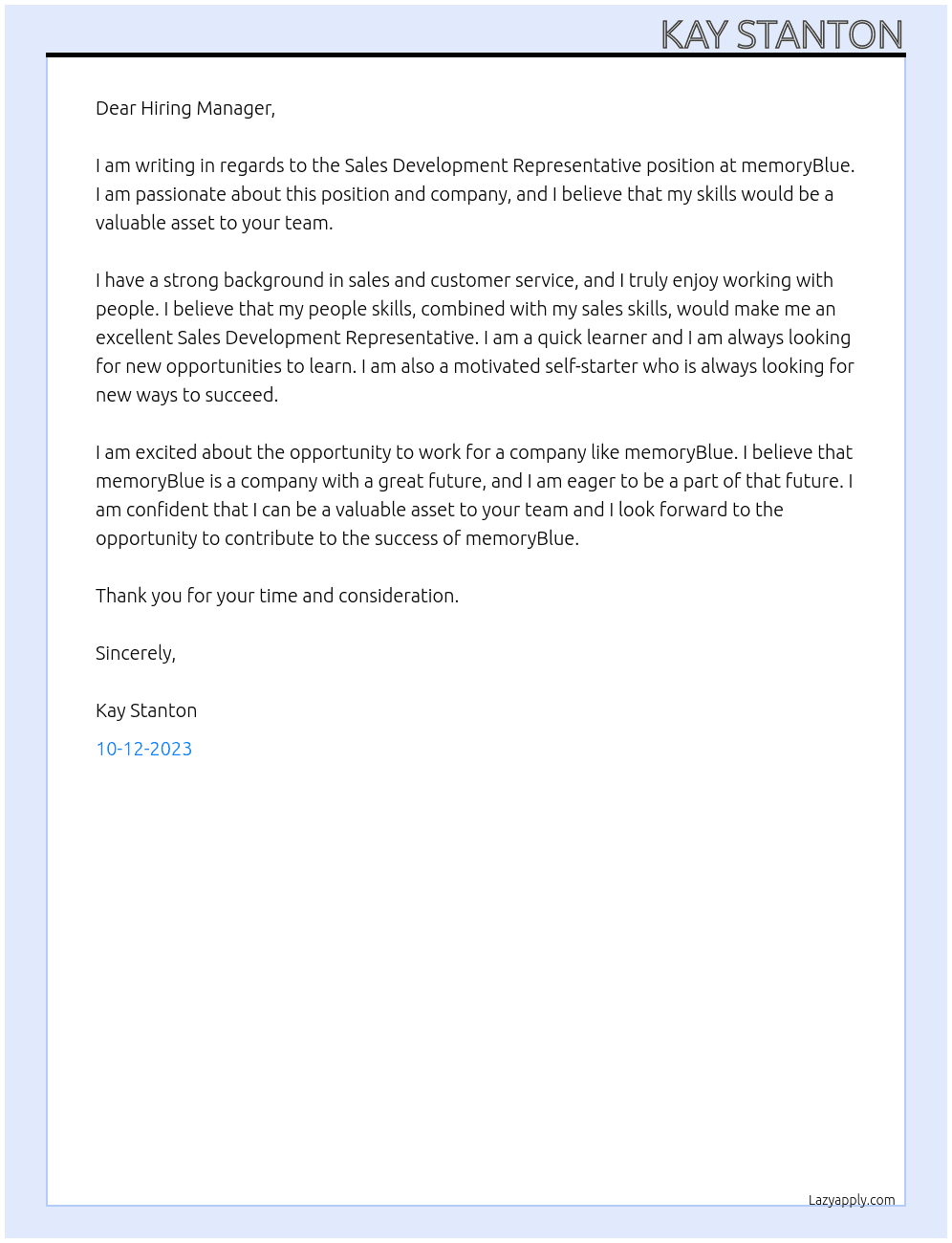Sales Development Representative At memoryBlue Cover Letter