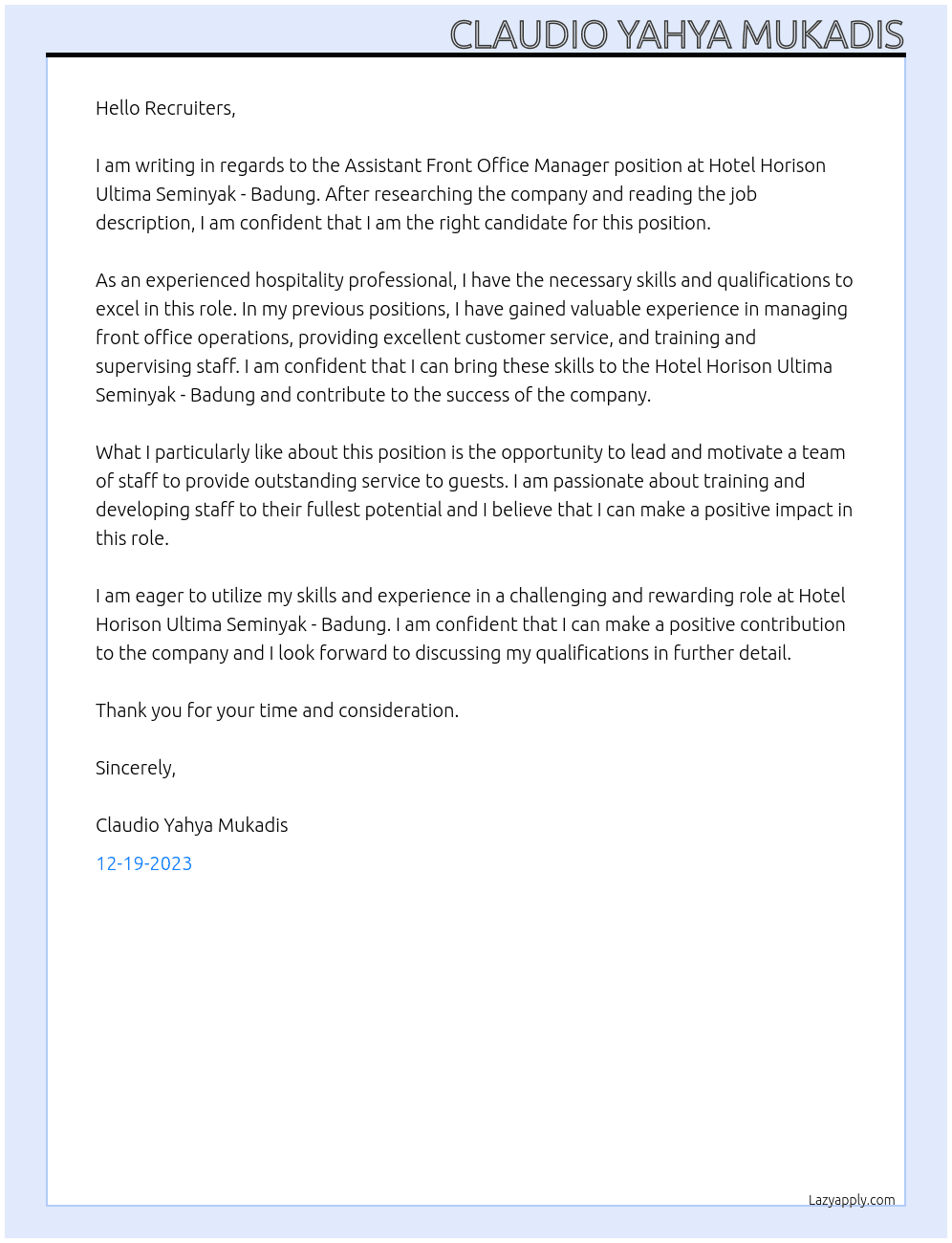 Assistant Front Office Manager  At Hotel Horison Ultima Seminyak - Badung Cover Letter