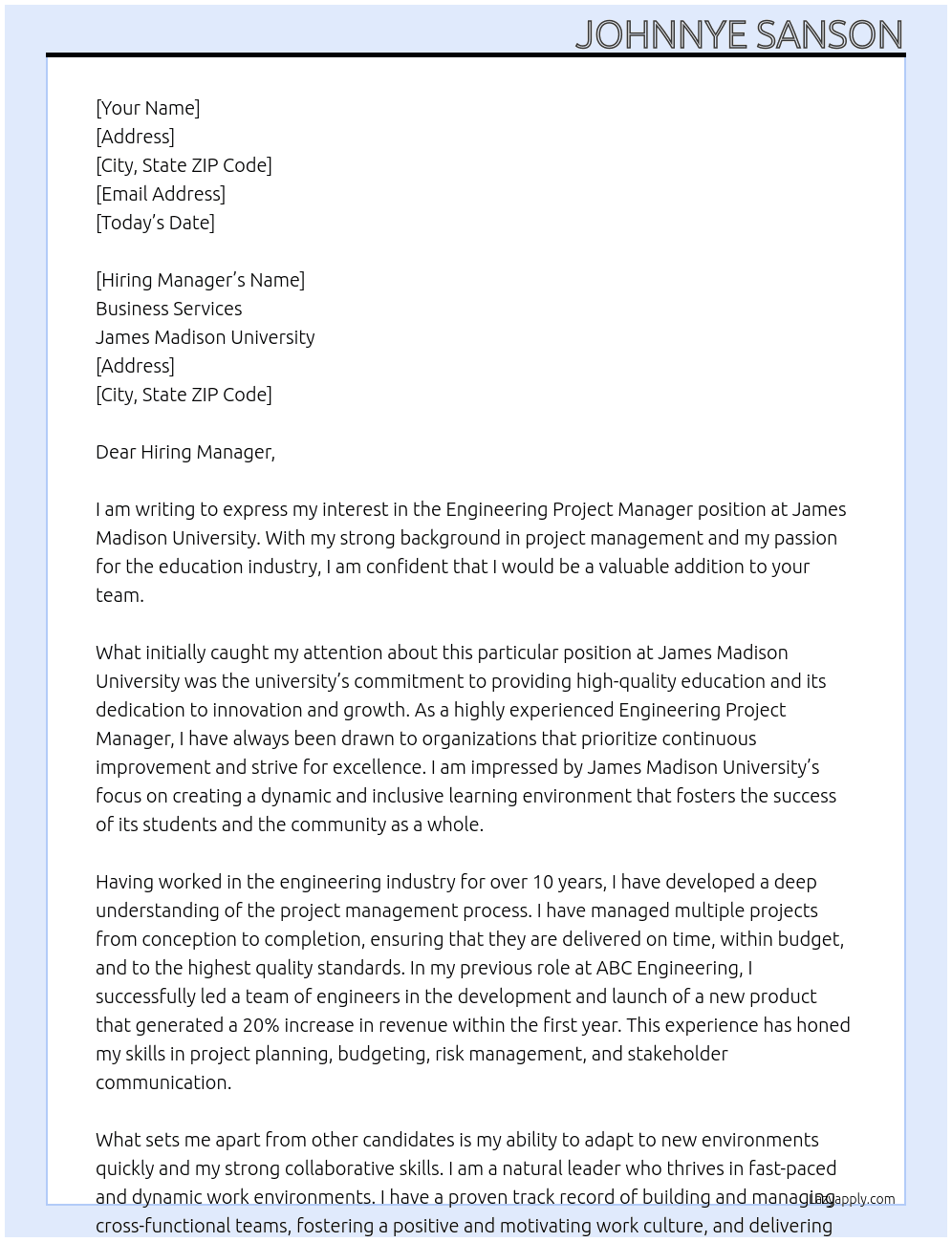 Engineering Project Manager At James Madison University Cover Letter