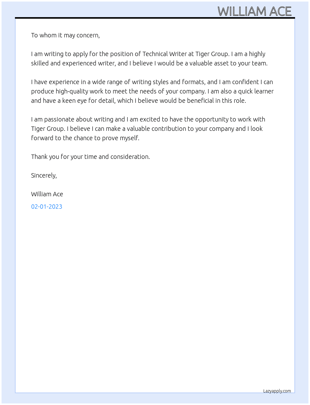 Technical Writer At Tiger Group Cover Letter