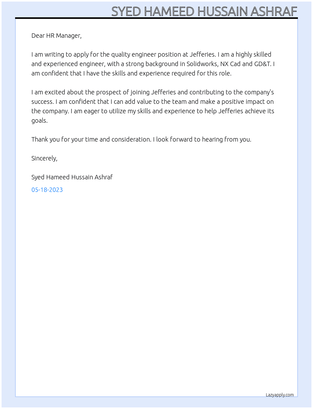 quality engineer At jefferies Cover Letter