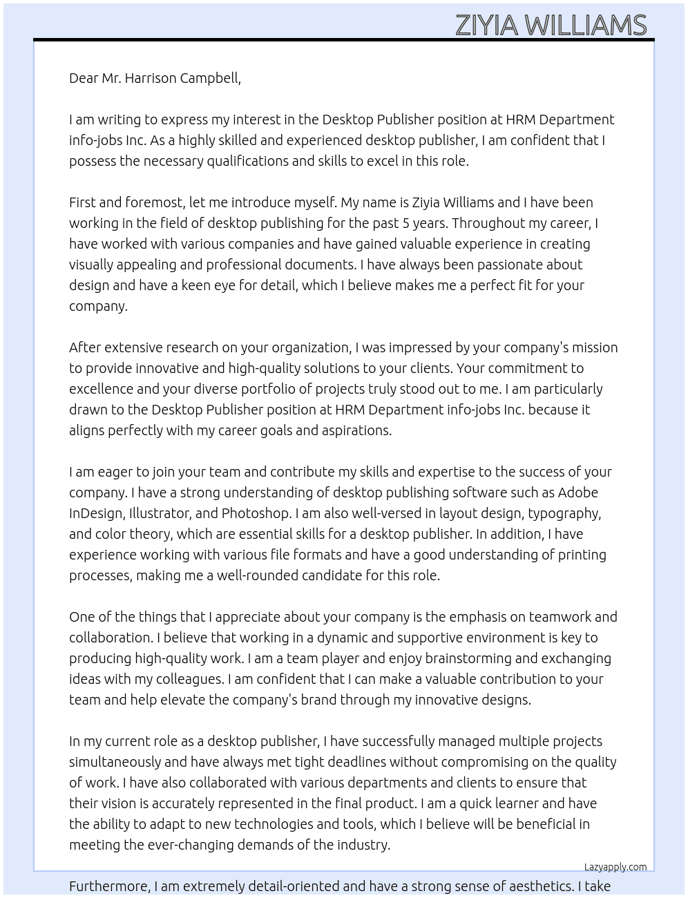 Desktop publisher At HRM Department info-jobs Inc. Cover Letter