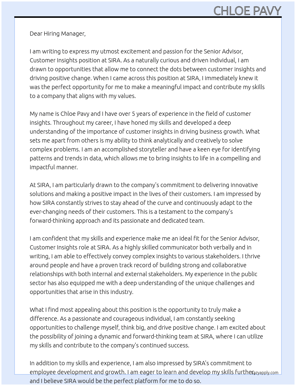 Senior Advisor, Customer Insights  At SIRA Cover Letter