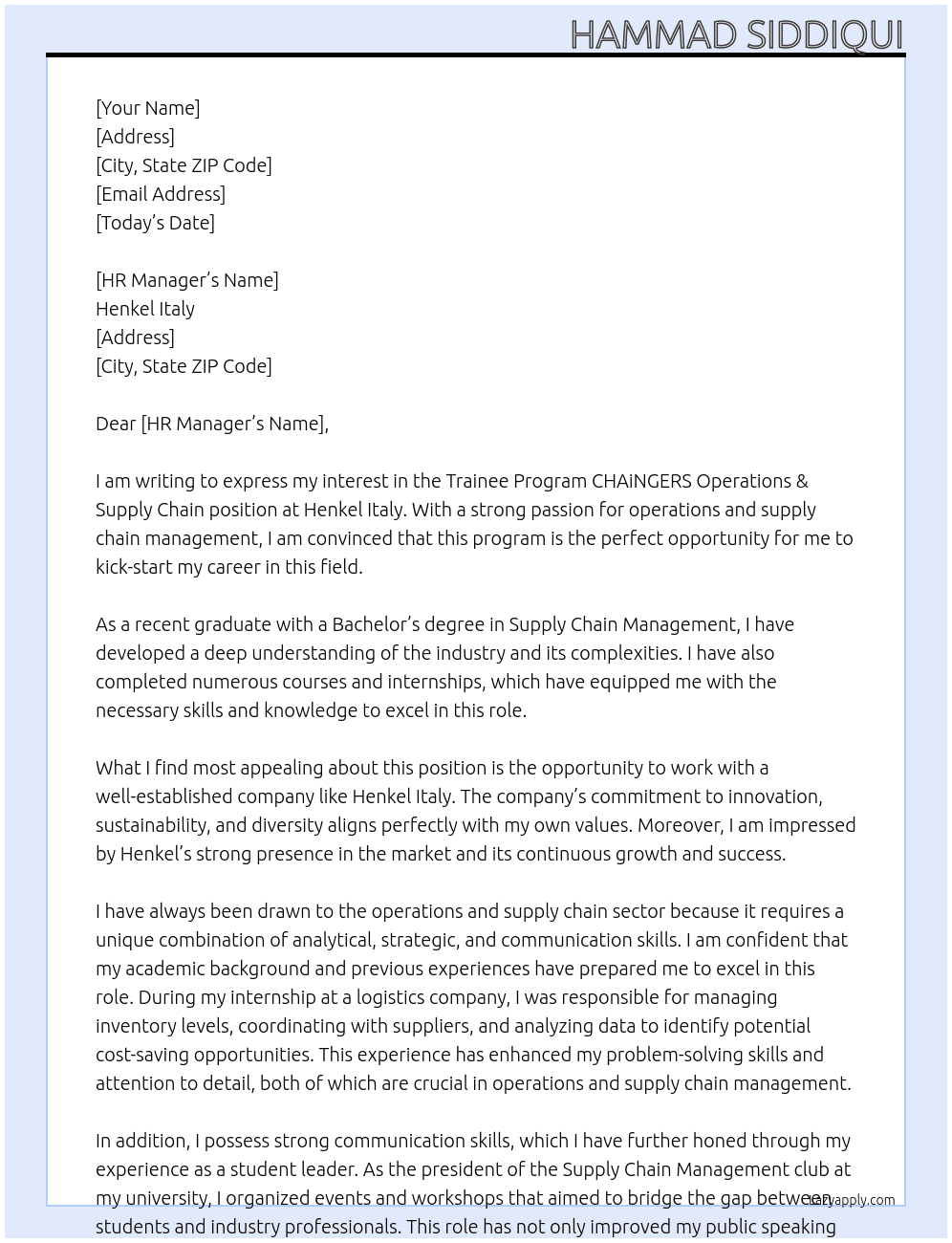 Trainee Program CHAiNGERS Operations & Supply Chain At Henkel Italy Cover Letter
