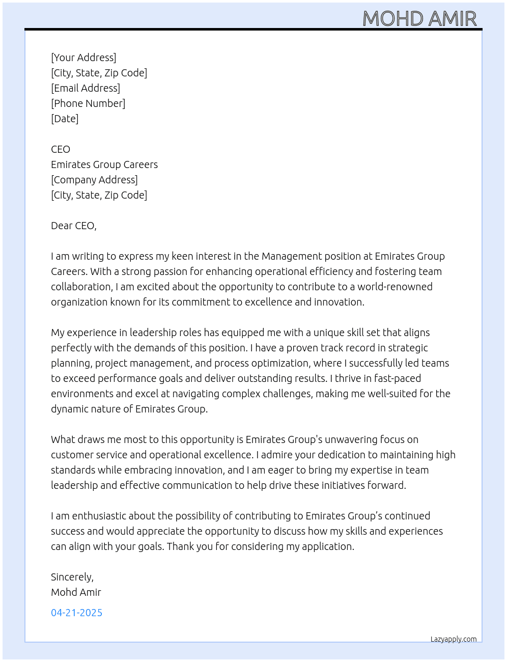 Management  At Emirates Group Careers  Cover Letter