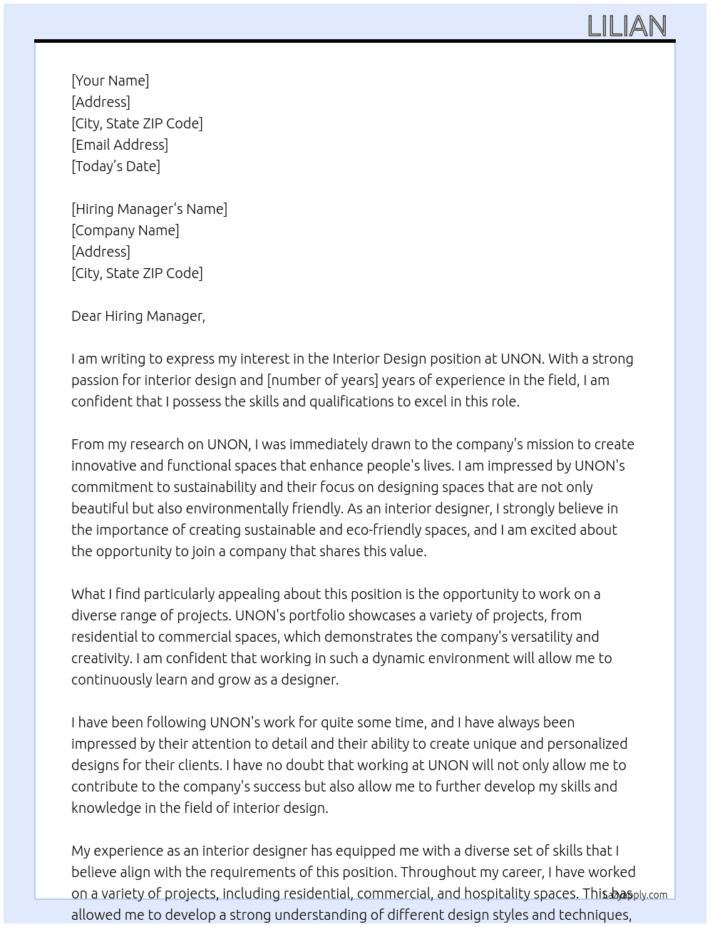 Interior design  At UNON Cover Letter