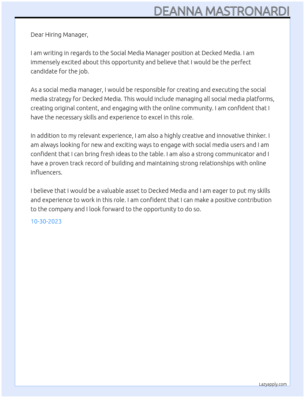 Social Media Manager At Decked Media Cover Letter