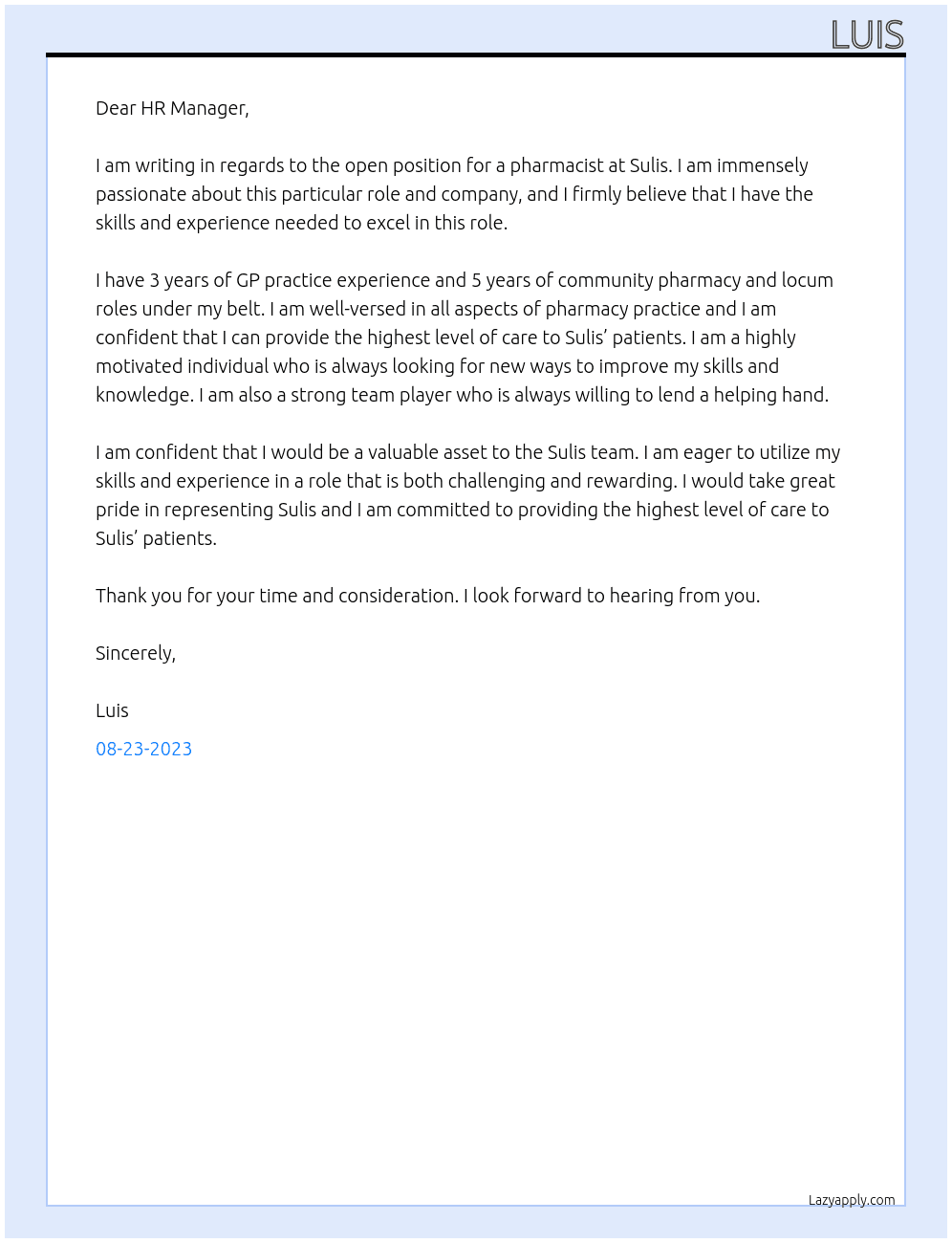 Pharmacist At Sulis  Cover Letter