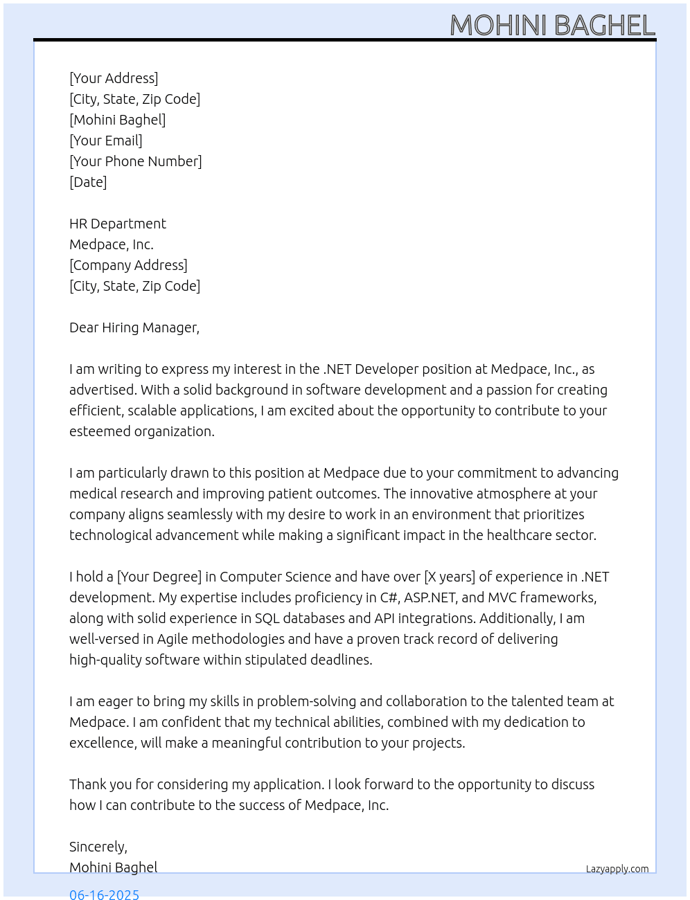 .Net Developer At Medpace,Inc Cover Letter