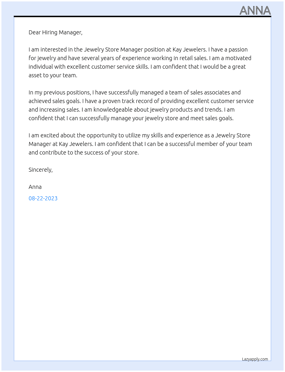 Jewelry Store Manager At Kay Jewelers Cover Letter