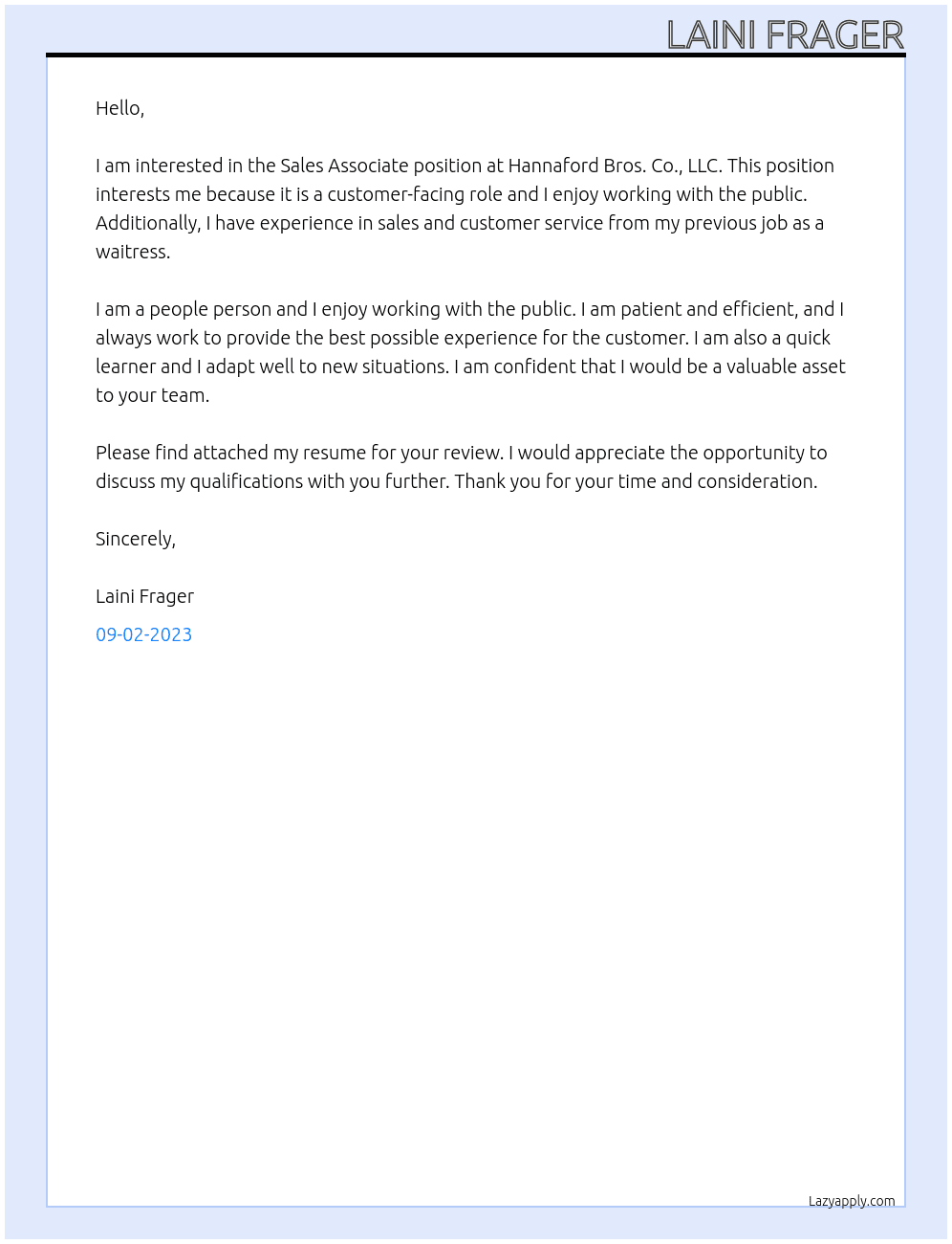 Sales Assosciate At Hannaford Bros. Co., LLC Cover Letter