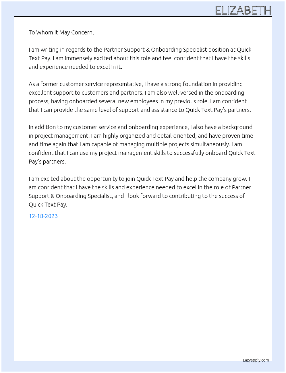 Partner Support & Onboarding Specialist  At Quick Text Pay Cover Letter