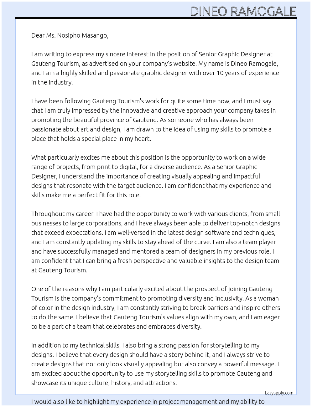 Senior Graphic Designer At Gauteng Tourism Cover Letter