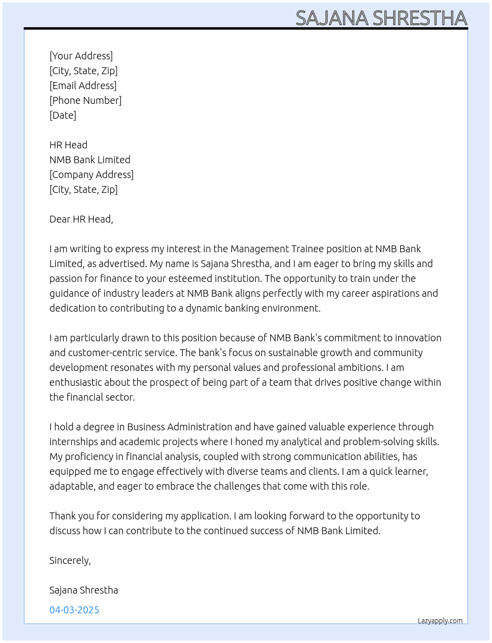 MANAGEMENT TRAINEE At NMB Bank Limited Cover Letter