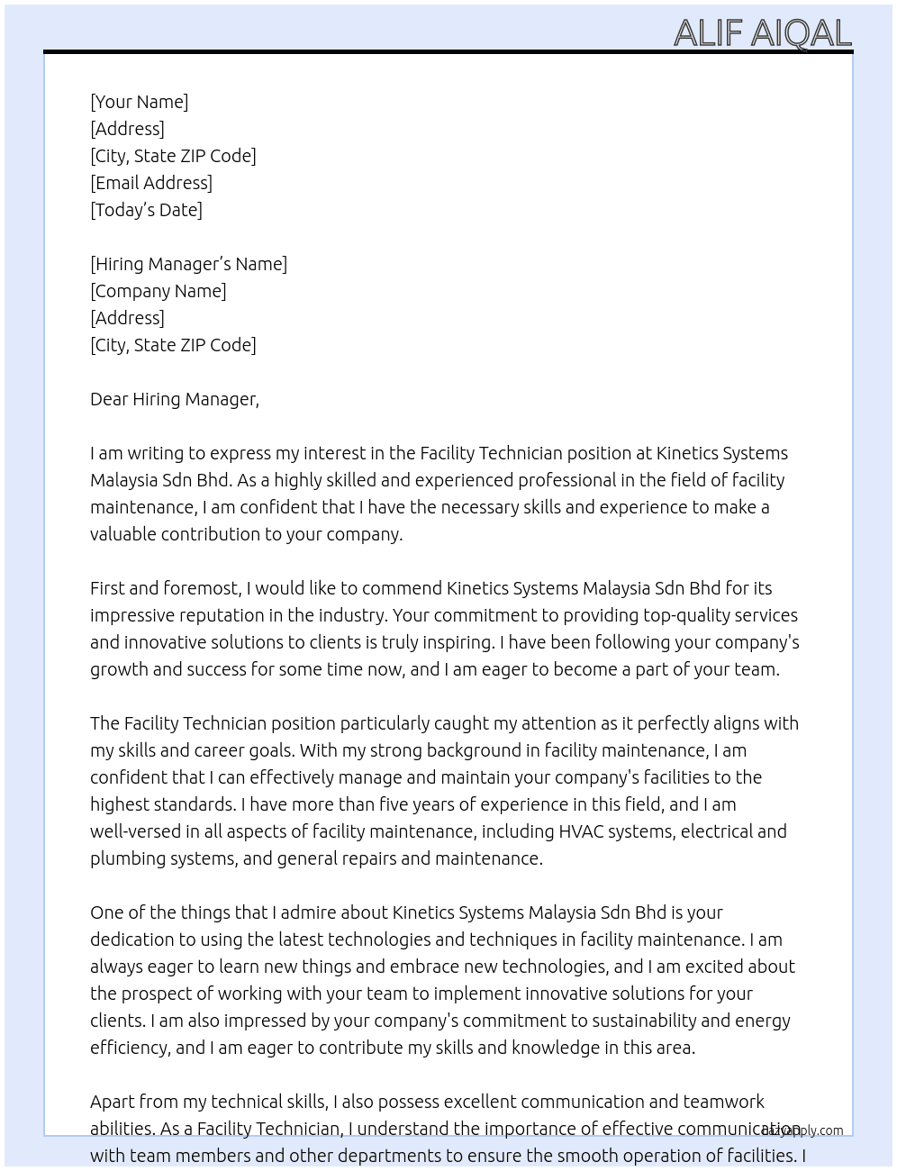 Facility Technician At Kinetics Systems Malaysia Sdn Bhd Cover Letter