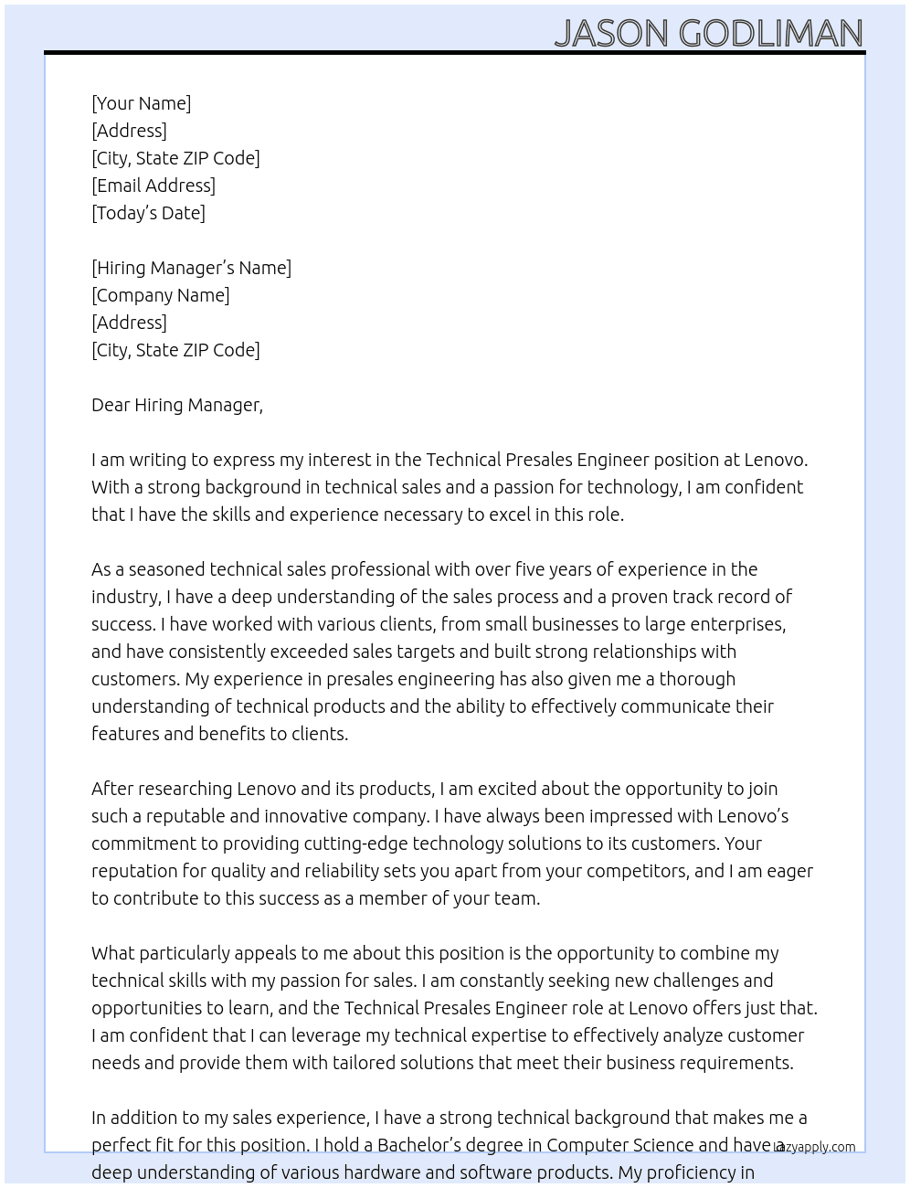 Technical Presales Engineer At Lenovo Cover Letter