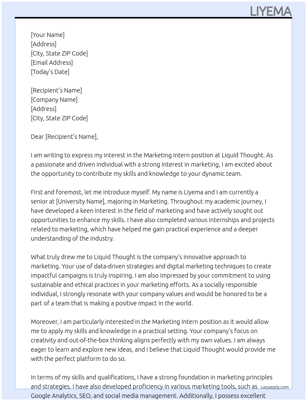 Marketing intern At Liquid thought Cover Letter