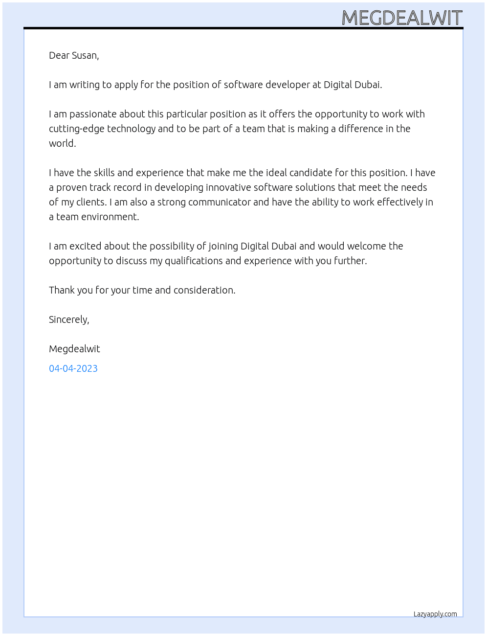 software developer At Digital Dubai Cover Letter