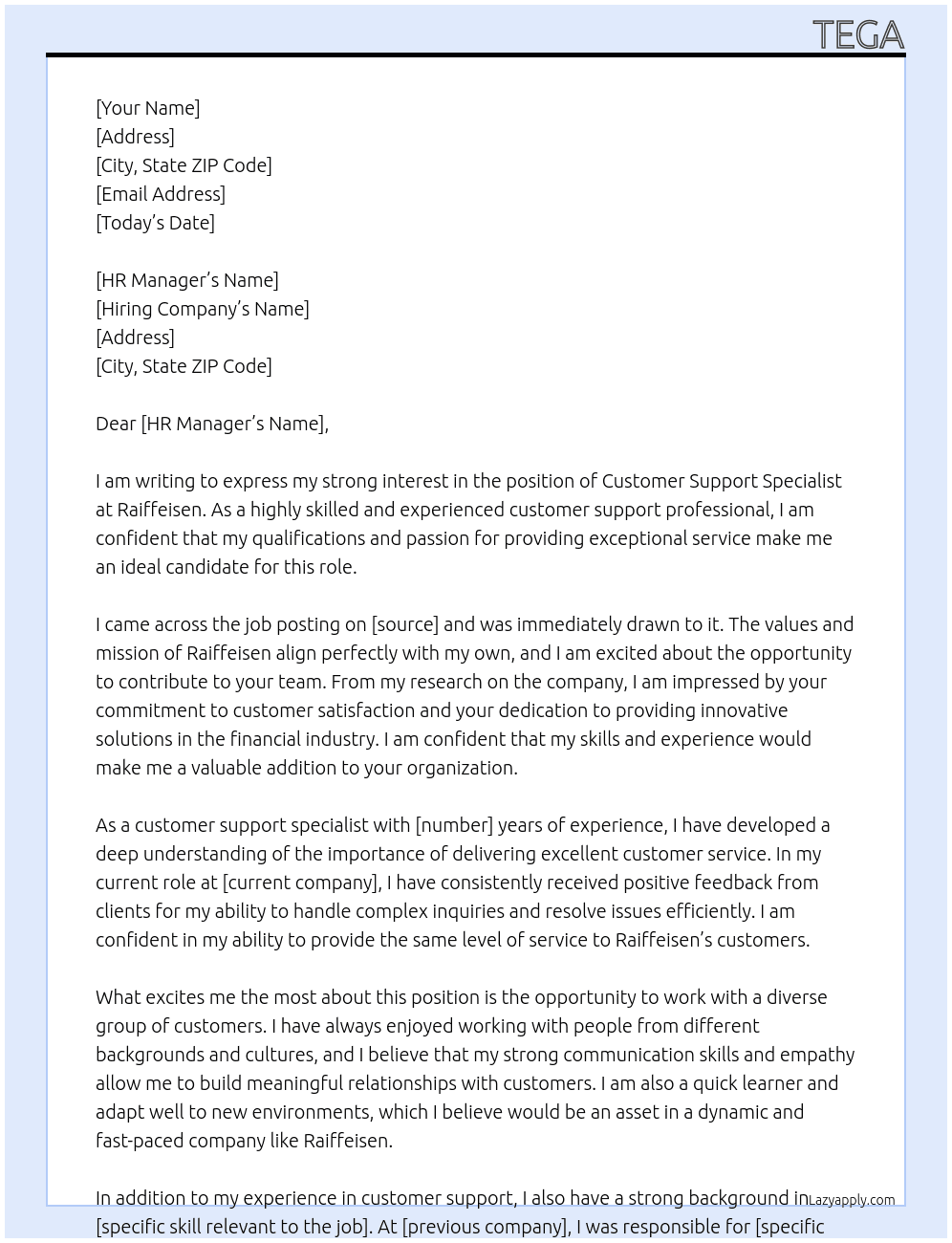 customer support specialist At raiffesen Cover Letter
