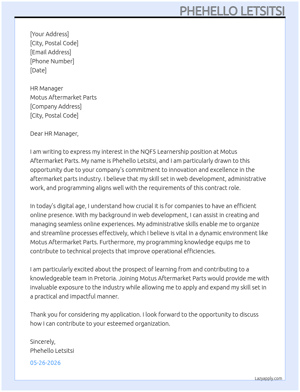 NQF5 LEARNERSHIP At Motus Aftermarket Parts Cover Letter