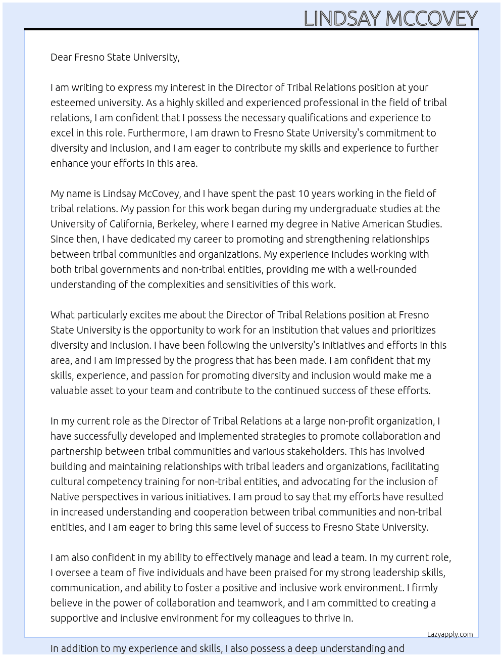 Director of Tribal Relations  At Fresno State Unvirsity Cover Letter