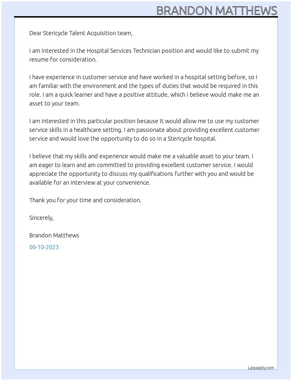 Hospital Services Technician At Stericycle Cover Letter